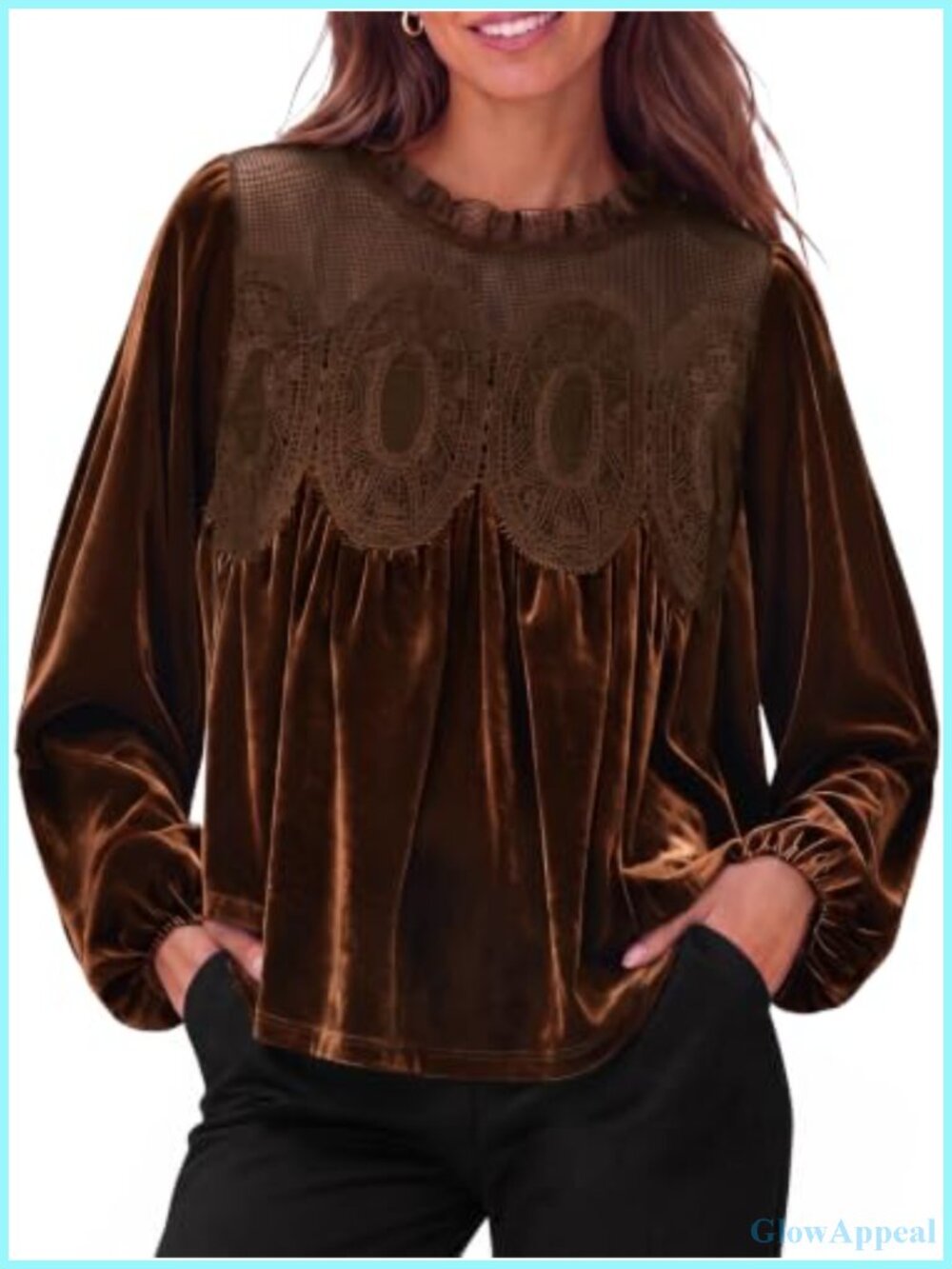 Womens Velvet Puff Sleeve Lace Ruffle Blouse Crew Neck Pullover Top
